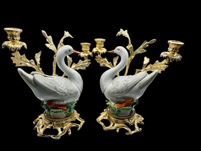 Decor - Pair of Italian Gilt & Porcelain Candlesticks w/ Swans