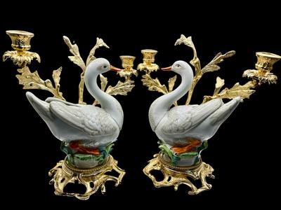 Decor - Pair of Italian Gilt & Porcelain Candlesticks w/ Swans