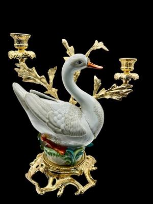 Decor - Pair of Italian Gilt & Porcelain Candlesticks w/ Swans
