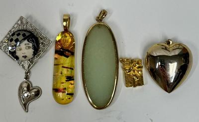 Pendant Lot #1 - misc Pendants in amber, jade, gold tone, etc