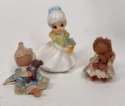 Miniature Figurine Lot: Napcoware Flower Girl, 2 Angels with Teddy bears