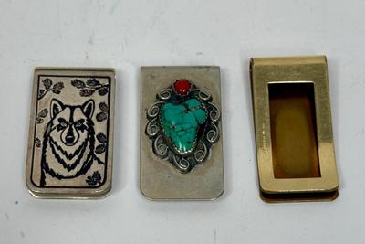 Metal Money Clip Lot, 3 pcs silver turquoise gold