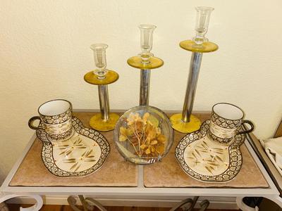 TEMP-TATIONS HOSTESS PLATES AND MUGS, GLASS CANDLE STICK HOLDERS AND LEADED GLASS FLORAL PIECE