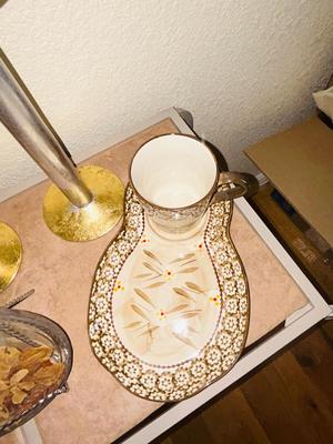 TEMP-TATIONS HOSTESS PLATES AND MUGS, GLASS CANDLE STICK HOLDERS AND LEADED GLASS FLORAL PIECE