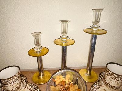 TEMP-TATIONS HOSTESS PLATES AND MUGS, GLASS CANDLE STICK HOLDERS AND LEADED GLASS FLORAL PIECE