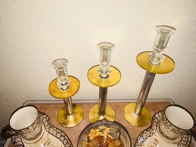 TEMP-TATIONS HOSTESS PLATES AND MUGS, GLASS CANDLE STICK HOLDERS AND LEADED GLASS FLORAL PIECE