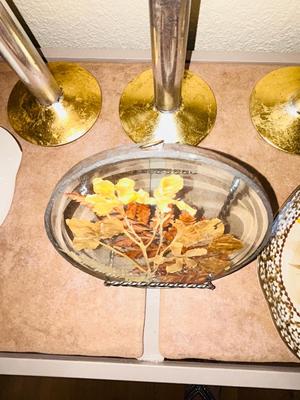 TEMP-TATIONS HOSTESS PLATES AND MUGS, GLASS CANDLE STICK HOLDERS AND LEADED GLASS FLORAL PIECE