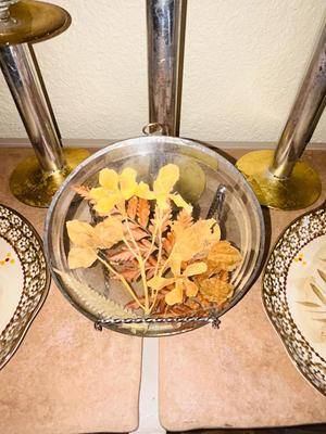 TEMP-TATIONS HOSTESS PLATES AND MUGS, GLASS CANDLE STICK HOLDERS AND LEADED GLASS FLORAL PIECE