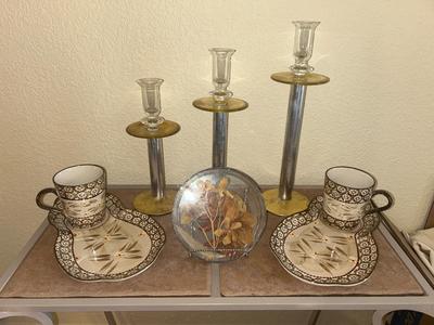 TEMP-TATIONS HOSTESS PLATES AND MUGS, GLASS CANDLE STICK HOLDERS AND LEADED GLASS FLORAL PIECE
