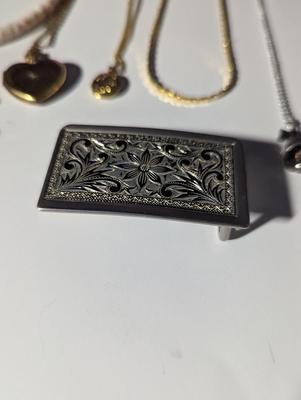 Silver Floral Engraved Vintage Belt Buckle Locket Necklaces Silver Star & Bell #15