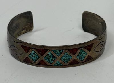 Mexican Silver Bracelet with Inlaid Turquoise -NO MARKINGS