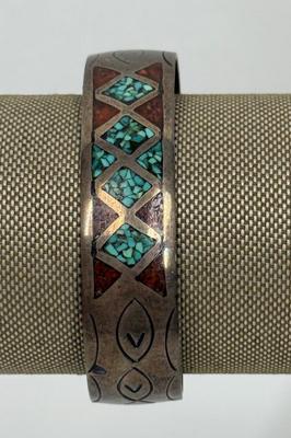 Mexican Silver Bracelet with Inlaid Turquoise -NO MARKINGS
