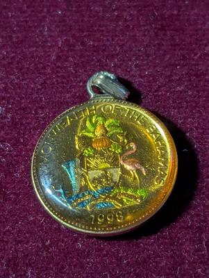 Hand Painted Bahamas 15 Cent Hibiscus Pendant & 5 Cent Hand Painted Pineapple Pendant #2