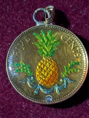 Hand Painted Bahamas 15 Cent Hibiscus Pendant & 5 Cent Hand Painted Pineapple Pendant #2