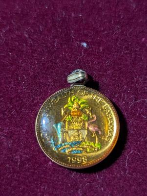 Hand Painted Bahamas 15 Cent Hibiscus Pendant & 5 Cent Hand Painted Pineapple Pendant #2