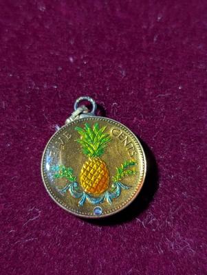 Hand Painted Bahamas 15 Cent Hibiscus Pendant & 5 Cent Hand Painted Pineapple Pendant #2