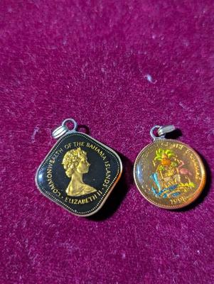 Hand Painted Bahamas 15 Cent Hibiscus Pendant & 5 Cent Hand Painted Pineapple Pendant #2