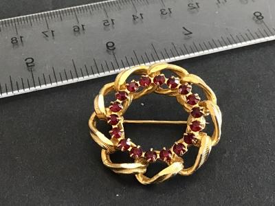 Red Gold Rhinestone Brooch Vintage