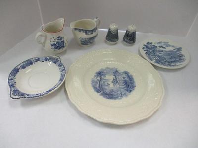 Blue & White Plates Creamer & Salt & Pepper Shakers 1893 Vimy Royal Doulton Countryside Wedgwood Enoch Countryside English...