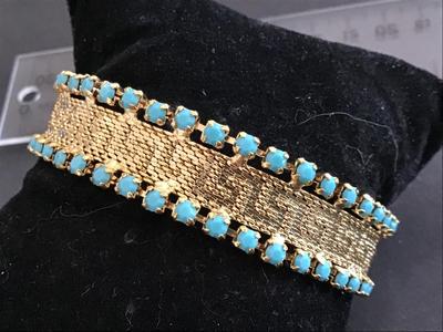 Gorgeous Articulated Flat Gold Mesh Turquoise Blue Accents Vintage safety Chain