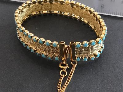 Gorgeous Articulated Flat Gold Mesh Turquoise Blue Accents Vintage safety Chain