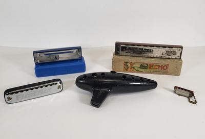 LOT 81: Vintage Instrument Lot of Ocarina and Size Variety of Four Harmonica's