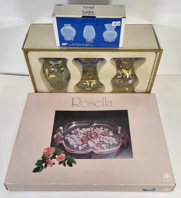 LOT 86: Pink Flowered Cake Tray with Three Lenox Hand Painted Vases and Three Assorted Hand Blown Vases