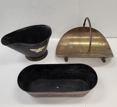 LOT 130: Three Unique Containers Including a Brass Claw Foot Firewood Holder and More