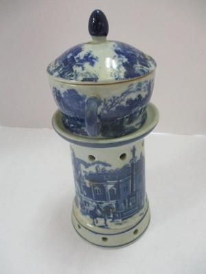 Antique Seymour Mann Blue Porcelain Tea Candle Warmer With Tea Cup Set