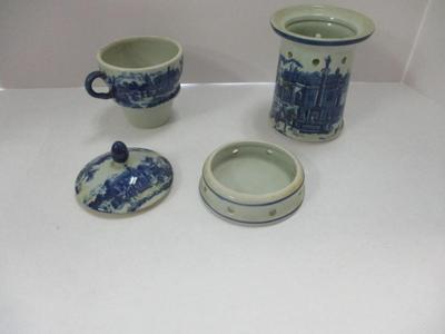 Antique Seymour Mann Blue Porcelain Tea Candle Warmer With Tea Cup Set
