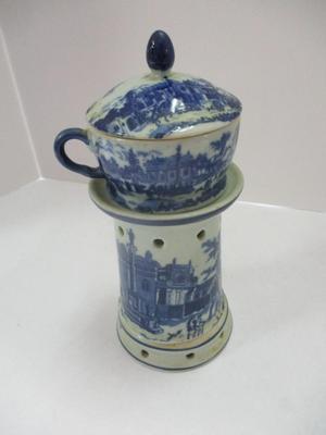 Antique Seymour Mann Blue Porcelain Tea Candle Warmer With Tea Cup Set