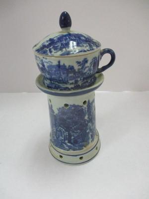 Antique Seymour Mann Blue Porcelain Tea Candle Warmer With Tea Cup Set