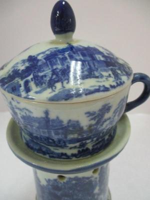Antique Seymour Mann Blue Porcelain Tea Candle Warmer With Tea Cup Set