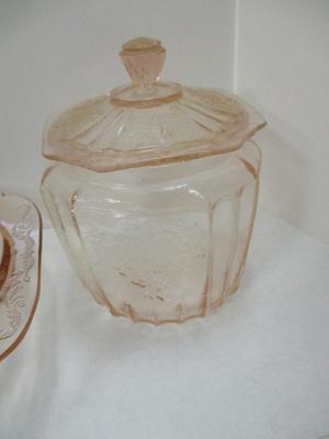 Vintage Pink Depression Glass Cake Stand Mayfair Open Rose Footed Cake Plate & Covered Cookie Jar