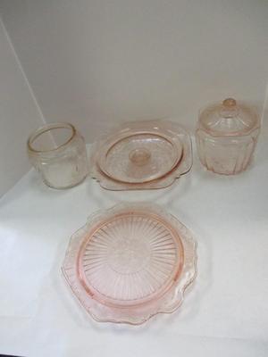 Vintage Pink Depression Glass Cake Stand Mayfair Open Rose Footed Cake Plate & Covered Cookie Jar