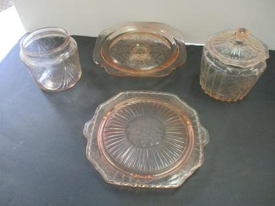 Vintage Pink Depression Glass Cake Stand Mayfair Open Rose Footed Cake Plate & Covered Cookie Jar