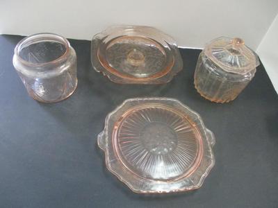 Vintage Pink Depression Glass Cake Stand Mayfair Open Rose Footed Cake Plate & Covered Cookie Jar