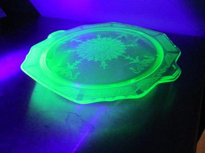 Vintage Uranium Optic Green Glass Teacups & Saucers & Plate