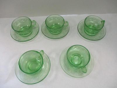 Vintage Uranium Optic Green Glass Teacups & Saucers & Plate