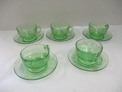 Vintage Uranium Optic Green Glass Teacups & Saucers & Plate