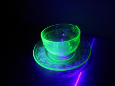 Vintage Uranium Optic Green Glass Teacups & Saucers & Plate