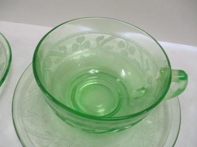 Vintage Uranium Optic Green Glass Teacups & Saucers & Plate