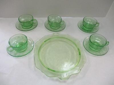 Vintage Uranium Optic Green Glass Teacups & Saucers & Plate