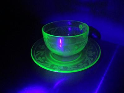 Vintage Uranium Optic Green Glass Teacups & Saucers & Plate
