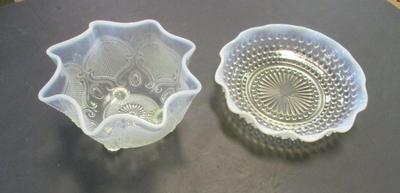 Vintage Fenton Moonstone Opalescent Hobnail Glass Fruit Bowl & Moonstone 3 Footed Ruffled Bowl