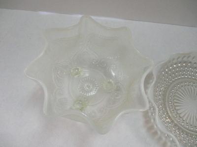 Vintage Fenton Moonstone Opalescent Hobnail Glass Fruit Bowl & Moonstone 3 Footed Ruffled Bowl