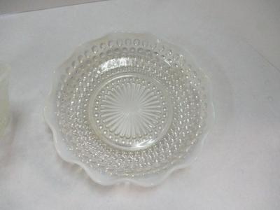 Vintage Fenton Moonstone Opalescent Hobnail Glass Fruit Bowl & Moonstone 3 Footed Ruffled Bowl