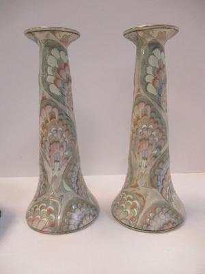 Frederick Cooper Tall Candlestick Holder Hand Painted & Glazed w/ Pastel Colors & Crystal/Glass/Pottery Candle Holders