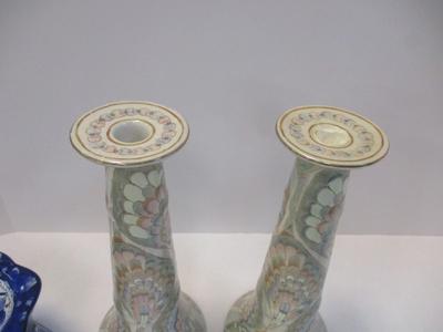 Frederick Cooper Tall Candlestick Holder Hand Painted & Glazed w/ Pastel Colors & Crystal/Glass/Pottery Candle Holders