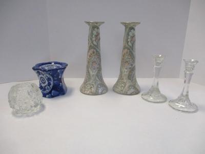 Frederick Cooper Tall Candlestick Holder Hand Painted & Glazed w/ Pastel Colors & Crystal/Glass/Pottery Candle Holders